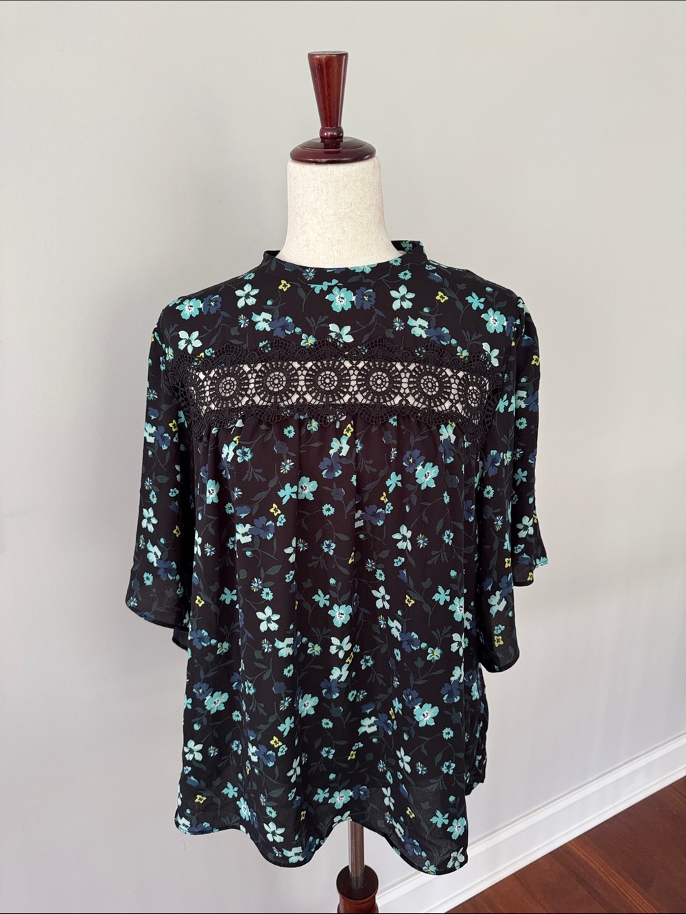 LOFT Black Floral Blouse with Crochet Yoke